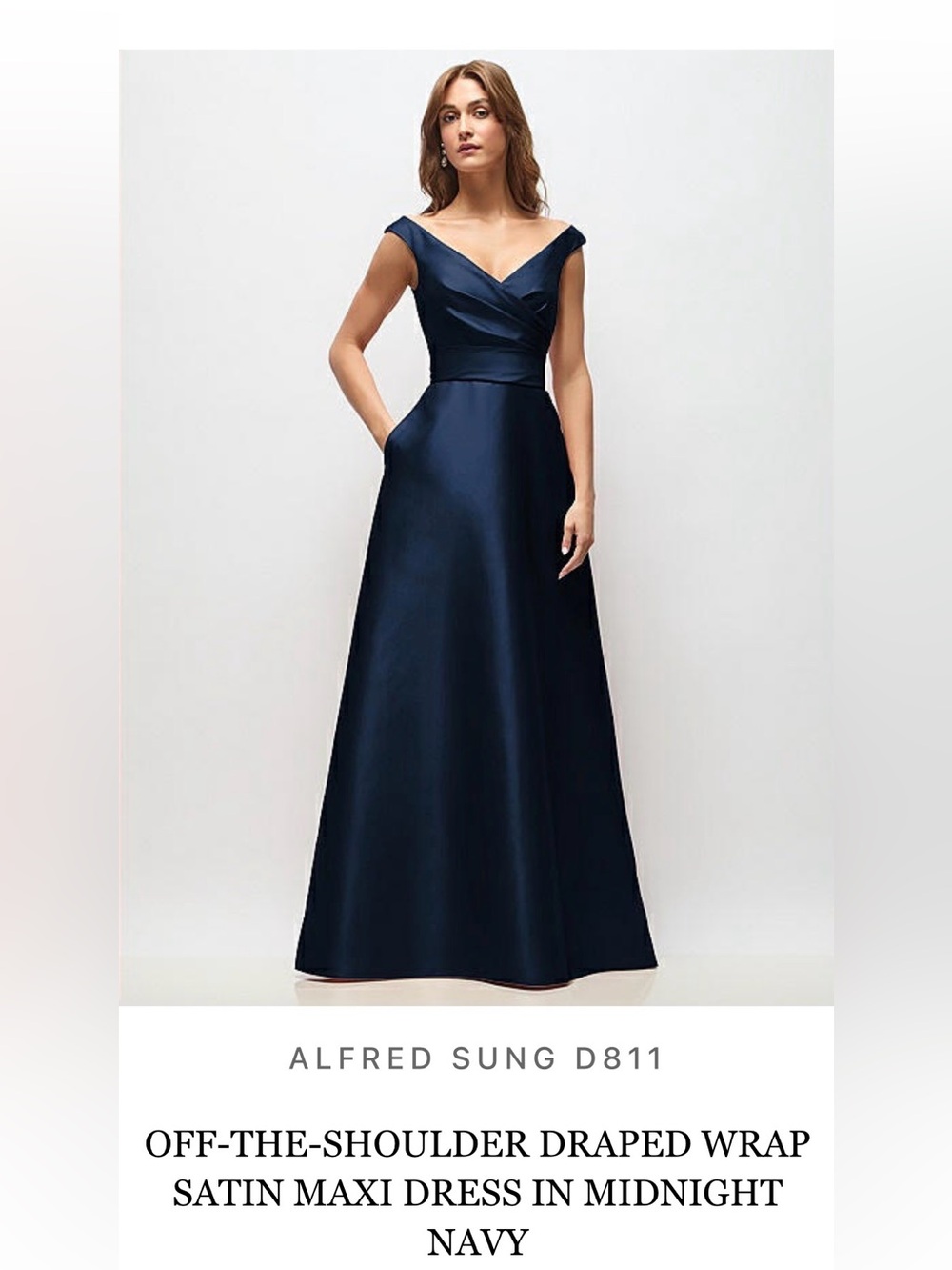 ALFRED SUNG Midnight Navy Off-the-Shoulder Satin Maxi Dress